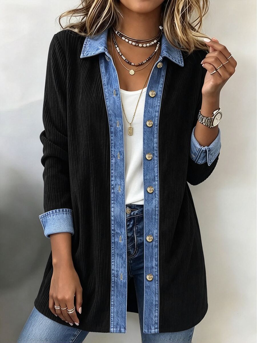 SHEIN LUNE قميص نسائي كاجوال يومي بأكمام طويلة بتصميم كتل لونية - الأسود - مشاهدة 1