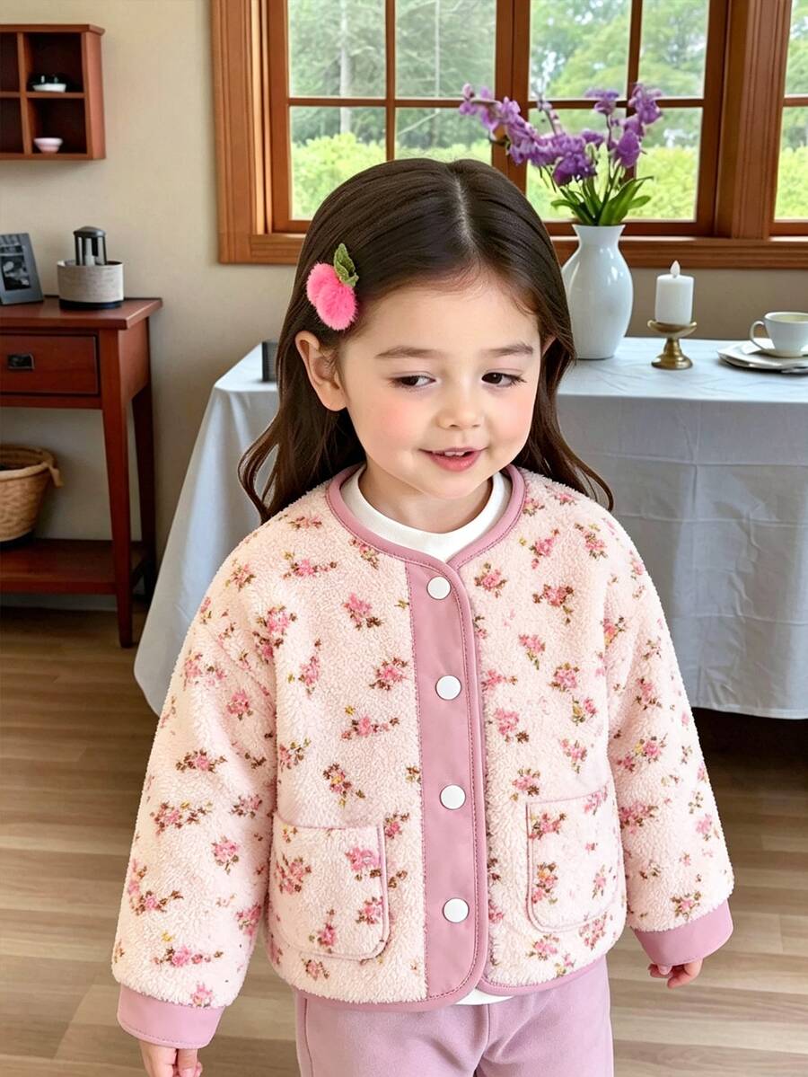 SHEIN 女童秋冬拼接花卉抓絨內裡按扣長袖夾克,4-7歲小女孩可愛西式外套上衣,冬季 - 粉色 - 查看 1