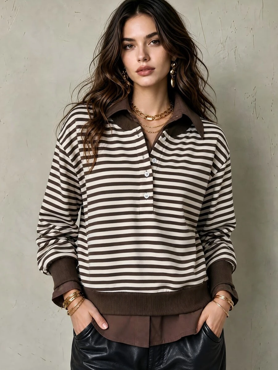 INAWLY Women's Striped Long Sleeve Button Half-Placket Casual Loose Sweatshirt - Coffee Brown - View 1