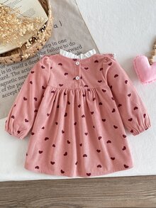 SHEIN Toddler Baby Girls A-Line Dress Sweet Pink Heart Print Bow Lace Ruffle Long Sleeve Ruffle Regular Birthday Party Summer Princess Holiday Corduroy - Pink - View 3