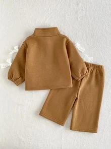 SHEIN 2件組少女針織半拉鍊衛衣上衣 單面刷毛 休閒經典百搭淺灰色 - 棕色 - 查看 2