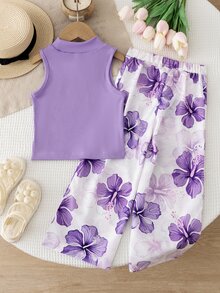SHEIN Genkimix Kids 少女 2 件套：紫色半高領無袖背心上衣與印花寬腿長褲，適合海灘度假、短途旅行與日常散步的休閒穿搭 - 紫色 - 查看 2