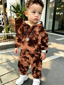 (1套) 秋冬男嬰休閒時尚極簡黑灰色紮染圖案連帽衛衣與運動長褲 - 彩色 - 查看 1