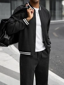 Manfinity CasualCool 男士拼色棒球領長袖夾克與長褲休閒日常套裝 - 黑色 - 查看 6