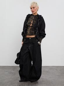 COUREZ Oversized Zip Front Ruched Sweatshirt / Y2K Sweats Sweatshirt Back Top School Fall Clothes For Women Autumn Outfits Women Fall Tops Winter Clothes Women - Black - View 4