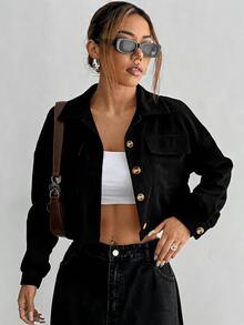 SHEIN PETITE 女款短版鈕扣長袖夾克，時尚百搭 - 黑色 - 查看 1