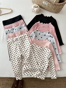 Kids 10pcs/Set Young Girl Knit Solid Color Polka Dot Striped Heart Pattern Ruffle Trim T-Shirt And Long Pants 10pcs -Piece Set - Multicolor - View 2