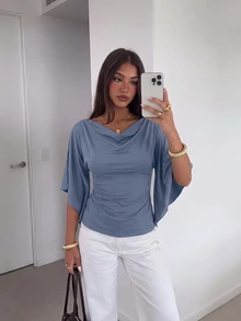 Siren Gaze 女款優雅秋季垂領短袖T恤，修身抓皺肩部上衣，適合早午餐、商務休閒辦公穿著襯衫 - 霧霾藍 - 查看 1