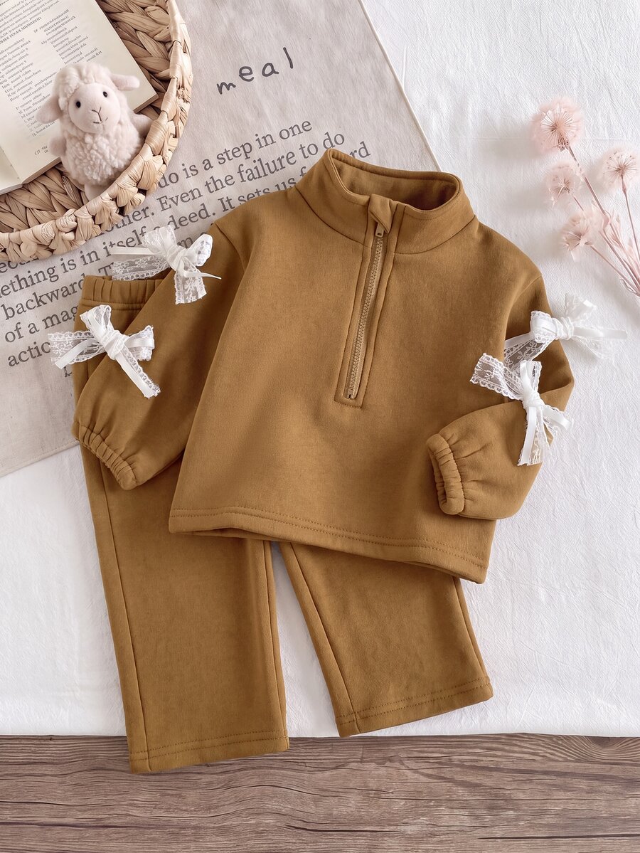 SHEIN 2件組少女針織半拉鍊衛衣上衣 單面刷毛 休閒經典百搭淺灰色 - 棕色 - 查看 1
