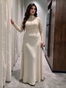 Modelyn Plus Size Women's Apricot Knit With Apricot Lace Trim Button Cinched Waist A-Line Elegant Romantic Dress - Apricot - View 6