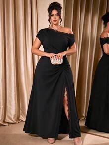 Cravure Plus Size Women's Minimalist Elegant Lace Trim Slit Ruched Asymmetric Neckline Solid Color Dress For Party, Date, Banquet, Cocktail, Wedding - Black - View 3