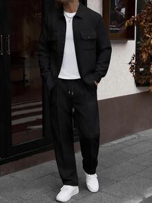 Manfinity CasualCool 男士針織紋理前開扣設計 白色經典百搭秋冬休閒夾克 2件套 - 黑色 - 查看 3