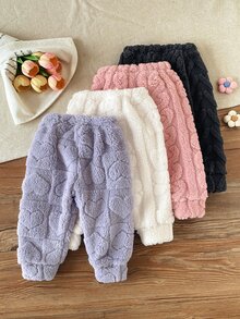 SHEIN 4套幼兒女童上衣與抓絨長褲，可愛甜美粉色紫色奶油色，愛心麻花紋理加厚冬季派對公主風寬鬆毛茸茸絨毛套裝 - 彩色 - 查看 2