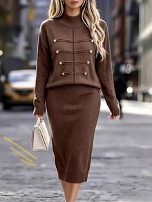 Cévolie Women's Solid Color Long Sleeve Top And Skirt Knit Set - Coffee Brown - View 2