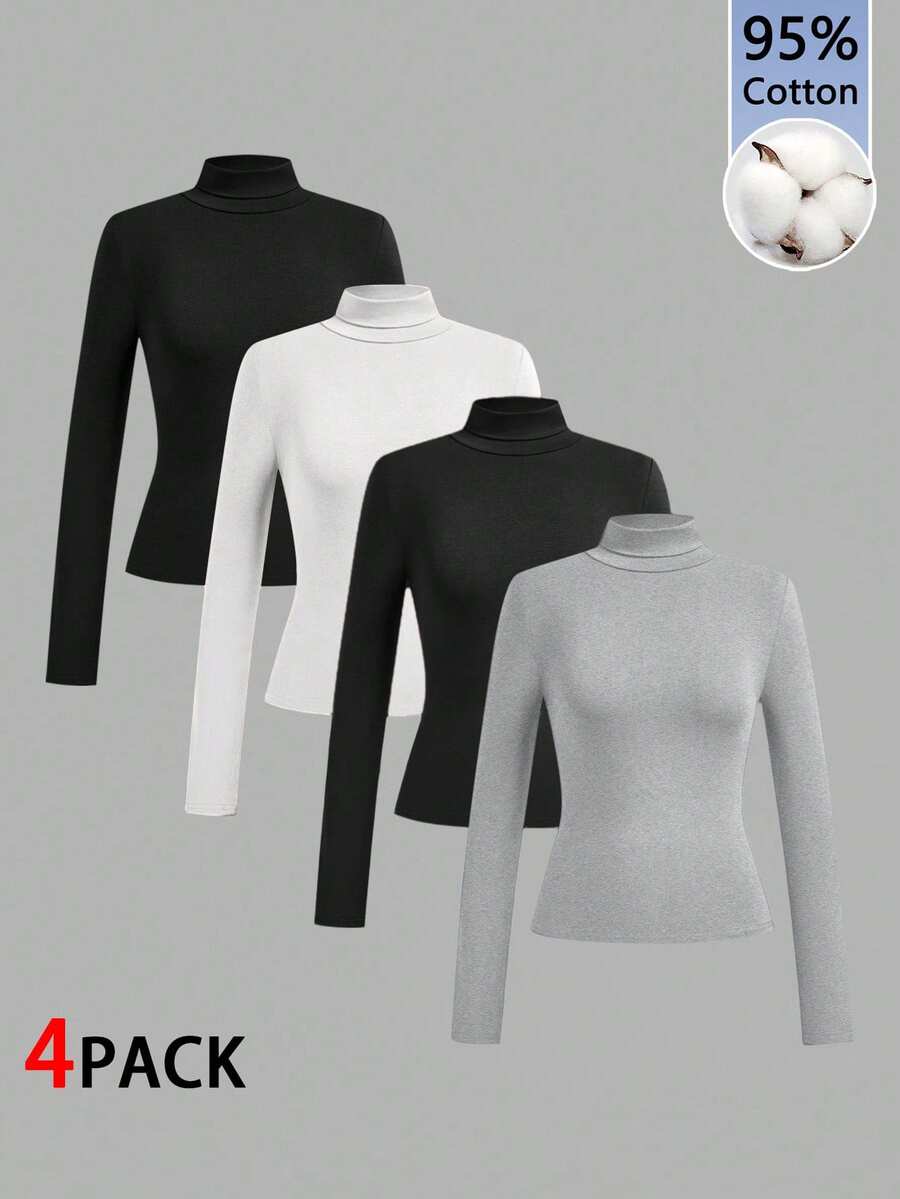 SHEIN Essnce 95%棉 4件組女款休閒極簡純色高領T恤,女款秋冬服飾,2000年代風格,Y2K,女款通勤穿搭,性感,鄉村風,時尚,基礎款,女款西式風格穿搭,度假穿搭,返校舞會,感恩節,萬聖節,聖誕節 - 彩色 - 查看 1