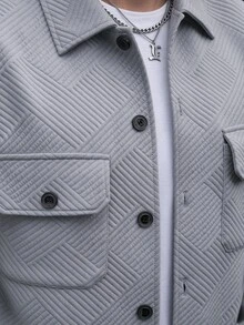 Manfinity CasualCool Men's Knitted Textured Button Front Design, White Classic Versatile Autumn/Winter Casual Jacket 2 Pieces Set - Light Grey - View 3