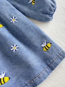 SHEIN 女嬰幼兒春秋時尚大翻領水洗刺繡長袖牛仔洋裝 - 中等水洗藍 - 查看 4