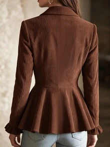 SHEIN Women's Regular Long Sleeve Blazer, Lapel Collar, Corduroy Ribbed Fabric, Ruffle Hem. With Lining Design, Ruffle Cuff Design. Novel And Fashionable, Elegant, Street Style, Sexy, Party, Date, Gathering, Dinner, Commute. - Coffee Brown - View 2