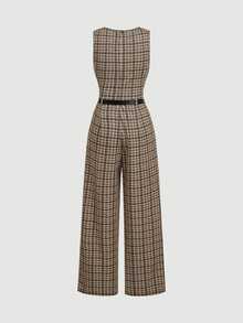 SHEIN Tween Girls Bodysuits & Kids Jumpsuits Plaid Retro Collegiate Style With Belt Design - Brown - View 3