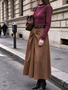 INAWLY Sweater Rajut Pullover Kasual Bertekstur Garis-Garis Musim Gugur/Dingin Terbaru, Romantis, Cocok untuk Perjalanan Sehari-hari, untuk Wanita Elegan - Coffee Brown - View 5