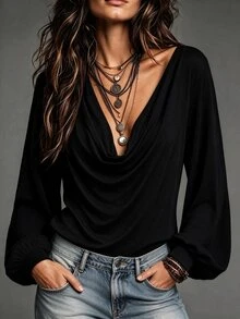 MYSTAURA Women's Solid Color V-Neck Pleated Casual Daily Wear Top - Black - View 1