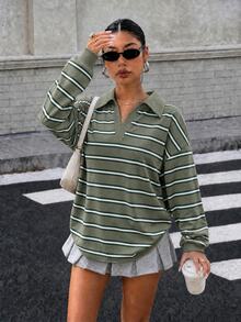 Muchica Women's Striped Casual Everyday Long Sleeve Sweatshirt - Army Green - View 6