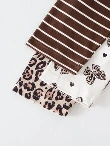 SHEIN 3套女嬰兒童休閒時尚豹紋蝴蝶、英文字母、印花條紋長袖柔軟3件套上衣與長褲，適合日常穿著，秋冬春季 - 黑色 - 查看 9