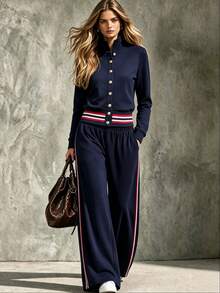Trelyra Women's Single-Breasted Contrast Color Long Sleeve Top And Pants Casual Daily Set - Navy Blue - View 1