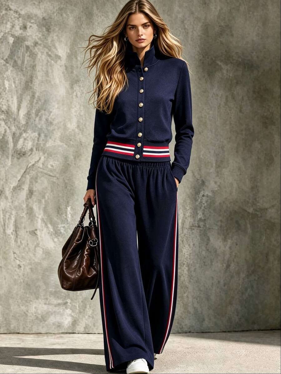 Trelyra Women's Single-Breasted Contrast Color Long Sleeve Top And Pants Casual Daily Set - Navy Blue - View 1