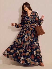 Elaquor Plus Size Floral Print Vacation Travel Dress - Navy Blue - View 6