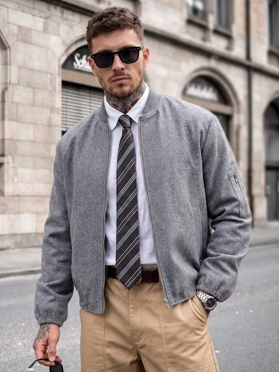 Manfinity CasualCool Men's Gray Loose Fit Dropped Shoulder Metal Zipper Multi-Pocket Thickened Casual Versatile Wool Blend Jacket - Grey - View 1