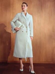 MOTF PREMIUM WOMEN'S LONG DOUBLE-BREASTED WAIST OVERCOAT WITH TASSELS - Beige - View 5