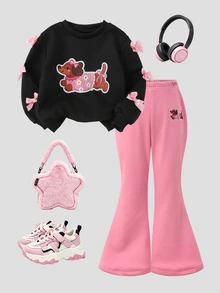 SHEIN Elladie kids 青少年女孩條紋蝴蝶結裝飾 2 件套套裝，華夫格針織長袖上衣與羅紋喇叭褲套裝 - 黑色 - 查看 7