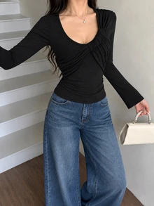INAWLY Black Twisted Deep U-Neck Long Sleeve Fitted Jumpsuit / Elastic Base Layer Jumpsuit - Black - View 8