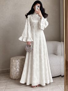Yasmyna Stand Collar Asymmetric Front Handmade Frog Button Ruffle Flare Long Sleeve Cinched Waist Full Skirt Flattering Slimming Long Dress, White Subtle Jacquard Pattern, Suitable For Dating, Commuting, Daily Wear, Evening Party - White - View 7