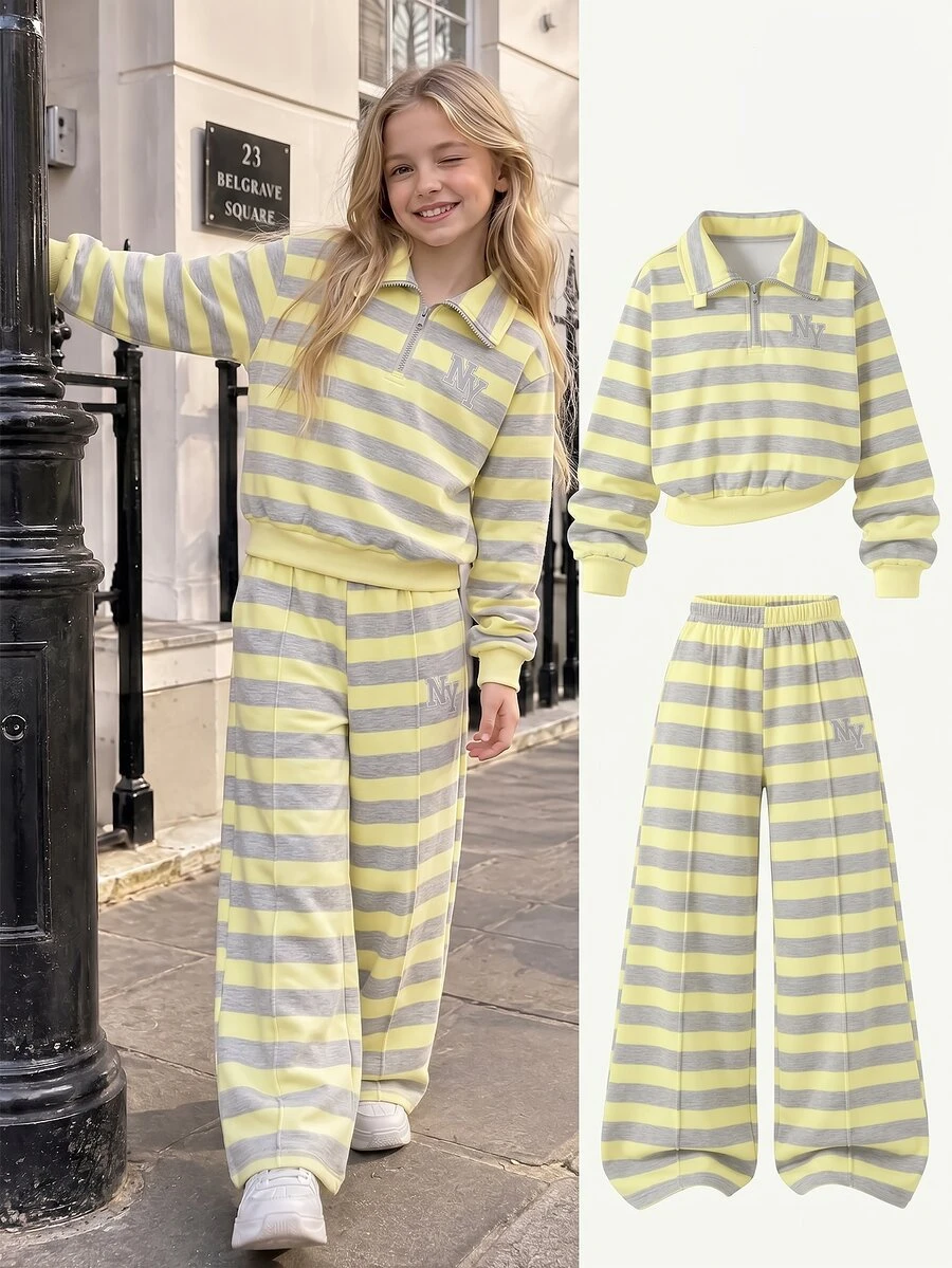 SHEIN طقم ملابس خريفية من قطعتين للبنات المراهقات، بلوزة رياضية بأكمام طويلة من الفليس بياقة واقفة مع بنطال، بلون برغندي ونقشة حروف New York، للعودة إلى المدرسة - أصفر - مشاهدة 1