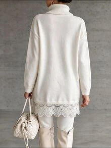 SHEIN Đầm len dệt kim viền ren ở gấu - trắng - Xem 2