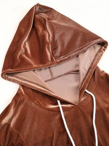 Weeklong Plus Size Women's Brown Coffee Gold Velvet Hooded Sweatshirt, Contrast Color Drawstring Loose Long Sleeve Top, Minimalist Casual Style For Daily Wear, Shopping And Commuting - Brown - View 4