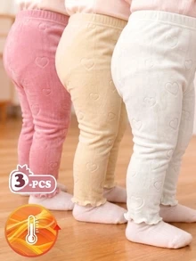 SHEIN Vintaside Kids 幼女柔軟天鵝絨打底褲，滿版愛心壓紋荷葉邊褲腳彈性腰頭日常下著 - 彩色 - 查看 8