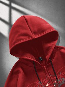 ROMWE MEN Street Life Street Retro Print Pattern Loose Fit Hoodie - Red - View 3