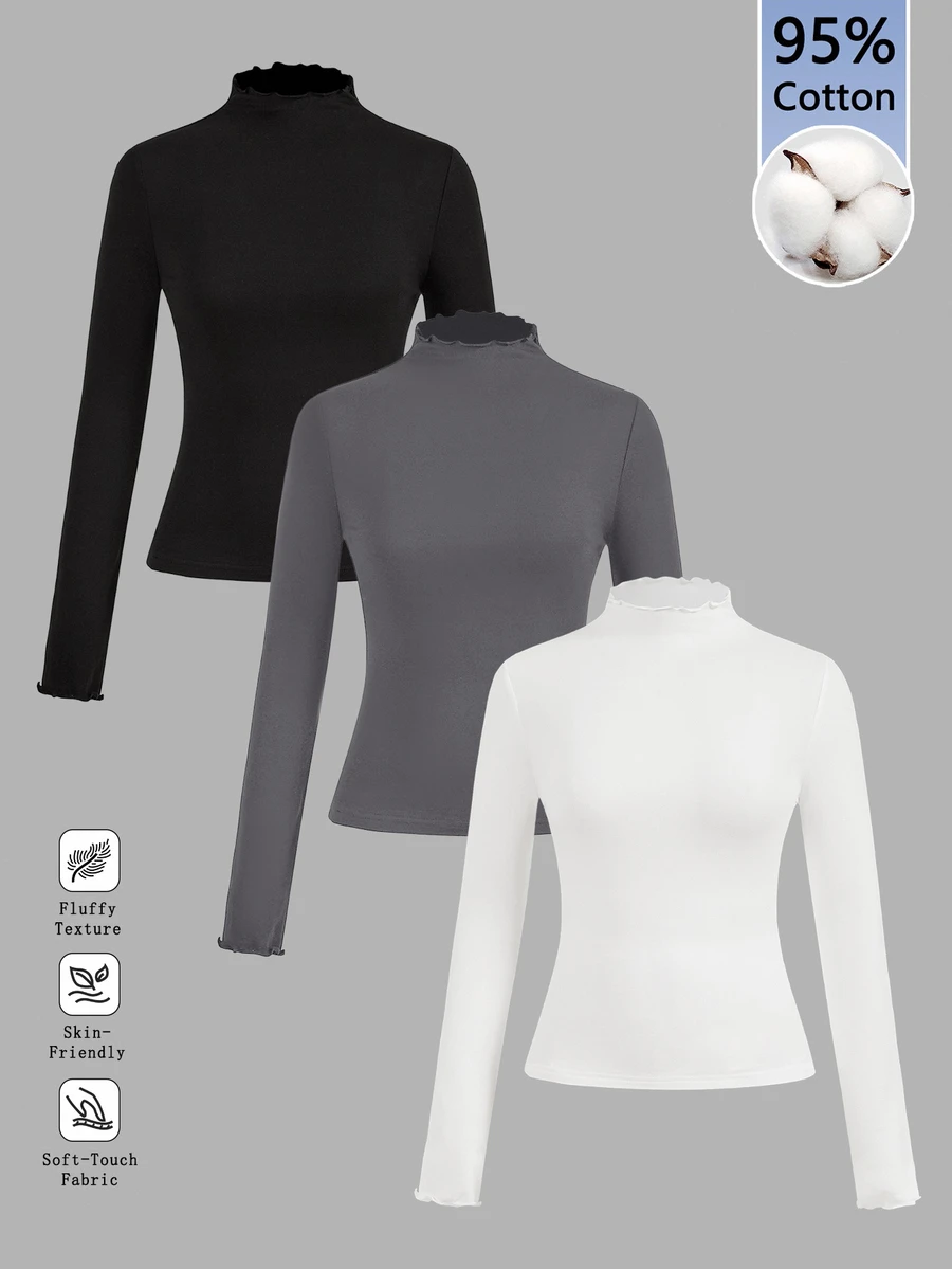 SHEIN EZwear 95%棉 3件組女款休閒修身長袖T恤套裝,女款秋冬服飾,2000年代風格,Y2K,女款通勤穿搭,性感,鄉村風,時尚,基礎款,女款西式風格穿搭,度假穿搭,返校舞會,感恩節,萬聖節,聖誕節 - 彩色 - 查看 1