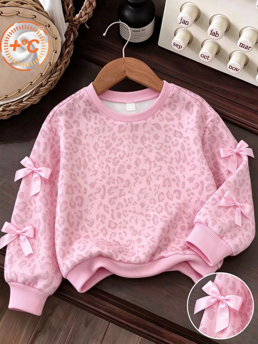 Jaket Pullover Pullover Lengan Panjang Kerah Bulat Motif Leopard Manis untuk Anak Perempuan, Gaya Musim Gugur, Pakaian Sehari-hari Sekolah Musim Gugur Musim Dingin - Berwarna merah muda - View 1