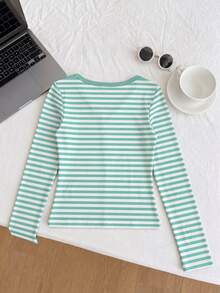 Teen Girls Casual Minimalist V-Neck Versatile Slim Fit Long Sleeve T-Shirt - Multicolor - View 2
