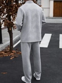 Manfinity CasualCool Men's Knitted Textured Button Front Design, White Classic Versatile Autumn/Winter Casual Jacket 2 Pieces Set - Light Grey - View 2