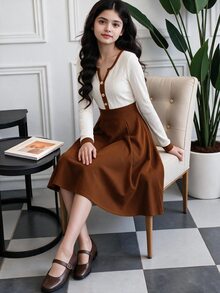 SHEIN 青少年女孩紅色長袖返校舞會禮服萬聖節套裝秋季風格美式秋季風格 - 彩色 - 查看 1