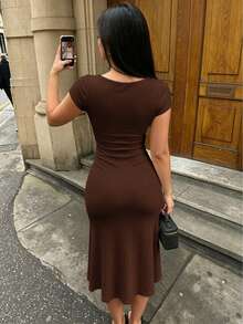 INAWLY Solva Summer Elegant Solid Color Waist-Cinching Dress - Coffee Brown - View 3