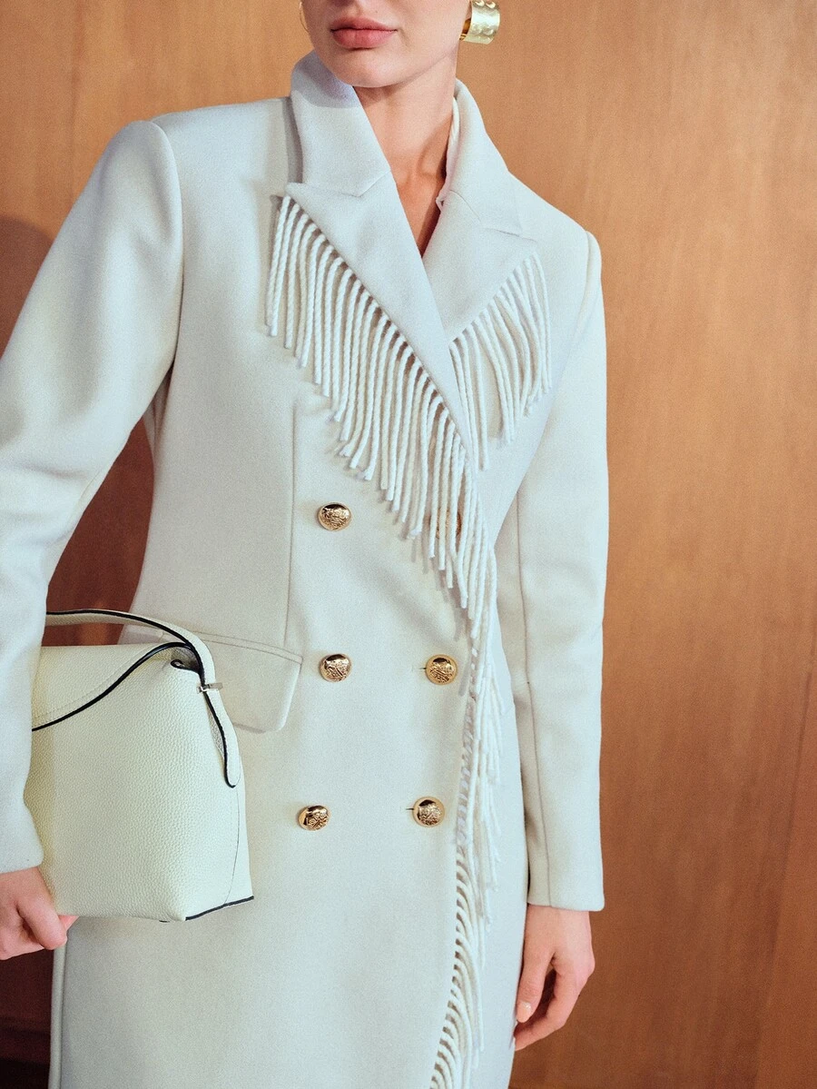 MOTF PREMIUM WOMEN'S LONG DOUBLE-BREASTED WAIST OVERCOAT WITH TASSELS - Beige - View 1