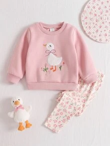 SHEIN 嬰兒幼兒休閒日常可愛運動衫套裝，附3D鉤編花朵、粉色花朵印花、清爽俏皮上衣、針織內搭褲，女嬰秋季服飾 - 淺粉色 - 查看 4