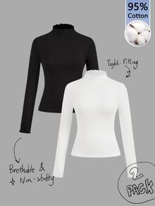 SHEIN EZwear 95%棉 2件組女款休閒修身長袖T恤，女款秋冬服飾，2000年代風格，Y2K，女款通勤穿搭，性感，鄉村風，時尚，基礎款，女款西式風格穿搭，度假穿搭，返校，感恩節，萬聖節，聖誕節，新年 - 黑與白 - 查看 1