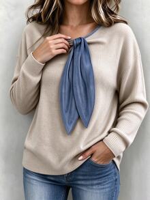 Weeklong Plus Size DenimLook Tie Collar Ribbed Brushed Casual Long Sleeve Top - Grey - View 6